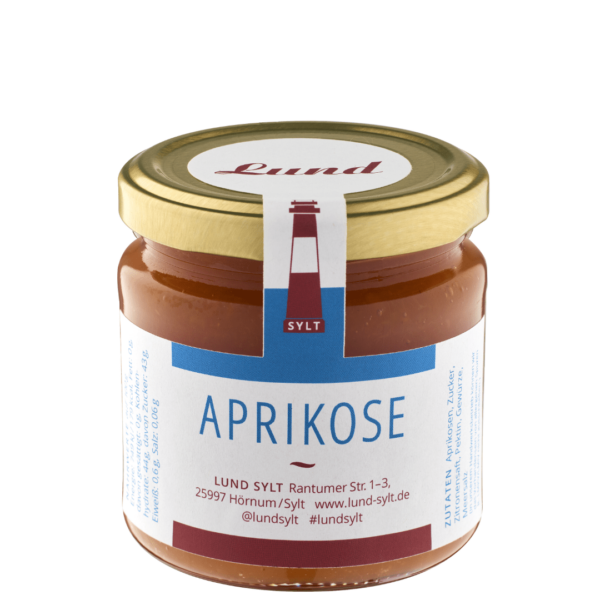 Ein Glas Aprikosenmarmelade mit goldenem Deckel zeigt ein Leuchtturm-Logo auf einem blau-weißen Etikett mit dem Text „Aprikose“. Der Produktname lautet Importplatzhalter für 180.