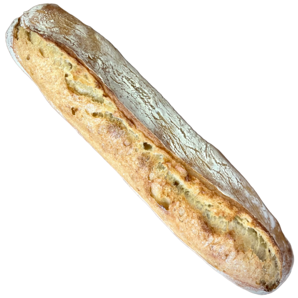 Vogelperspektive des Import-Platzhalters für 762, ein knuspriges Baguette mit goldbrauner Außenseite auf weißem Hintergrund, das handwerkliche Handwerkskunst zur Schau stellt.