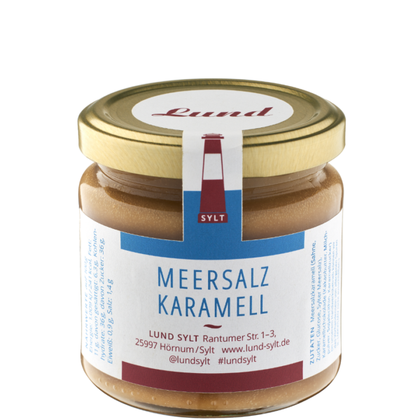 Ein Karamellglas mit goldenem Deckel und blau-weißem Etikett, importiert unter Code 151, bietet eine köstliche Mischung aus süßem Karamell und Meersalz.