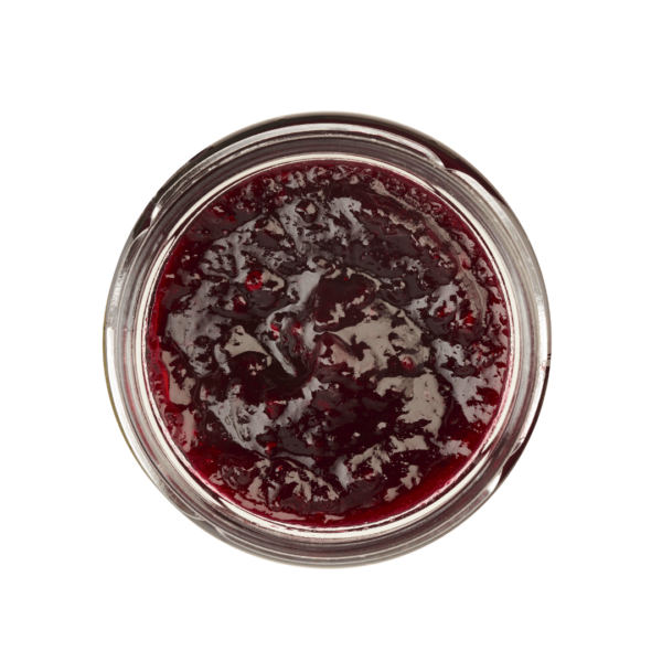 Lund-Sylt-marmelade-sylter-mischung-open.png Eine Draufsicht auf ein offenes Glas voller dunkelroter Beerenmarmelade, die den reichen Geschmack von SYLTER MISCHUNG widerspiegelt.