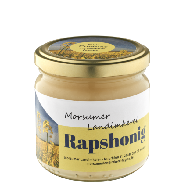 Das 570g Glas Rapshonig der Morsumer Landimkerei mit goldenem Deckel und edlem Querformat-Etikett ist für Gourmets und jede Küche eine gelungene Kombination aus Geschmack und Qualität.